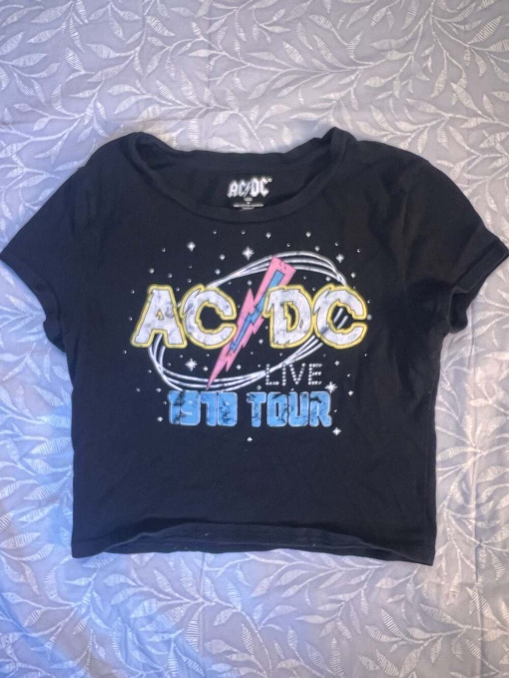 AC/DC Live 1978 Tour Cap Sleeve Baby Rib Crop Top Size S Black